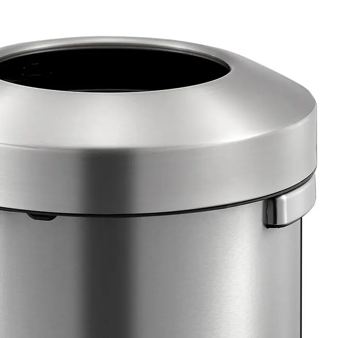 Proregal Standard-Mülleimer Stilvoller offener Abfallsammler aus gebürstetem Edelstahl - 90 l, Edelstahl, Silber - Nahaufnahme eines runden, silbernen Abfalleimers aus Metall mit einer breiten Öffnung oben.