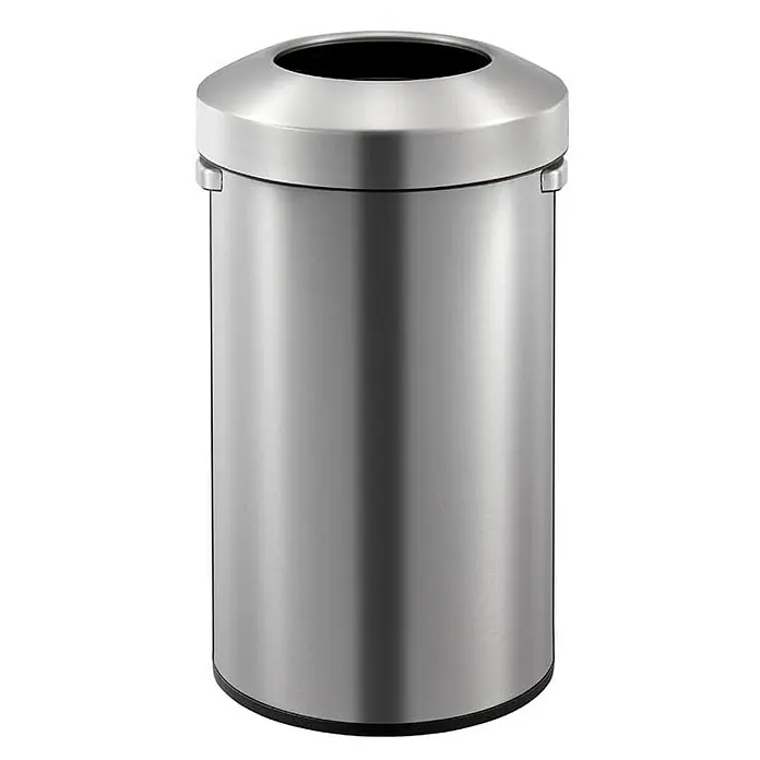 Proregal Standard-Mülleimer Stilvoller offener Abfallsammler aus gebürstetem Edelstahl - 90 l, Edelstahl, Silber - Ein runder, silberner Abfalleimer mit einer großen runden Öffnung im Deckel. Er ist aus Metall gefertigt und hat eine glatte Oberfläche.