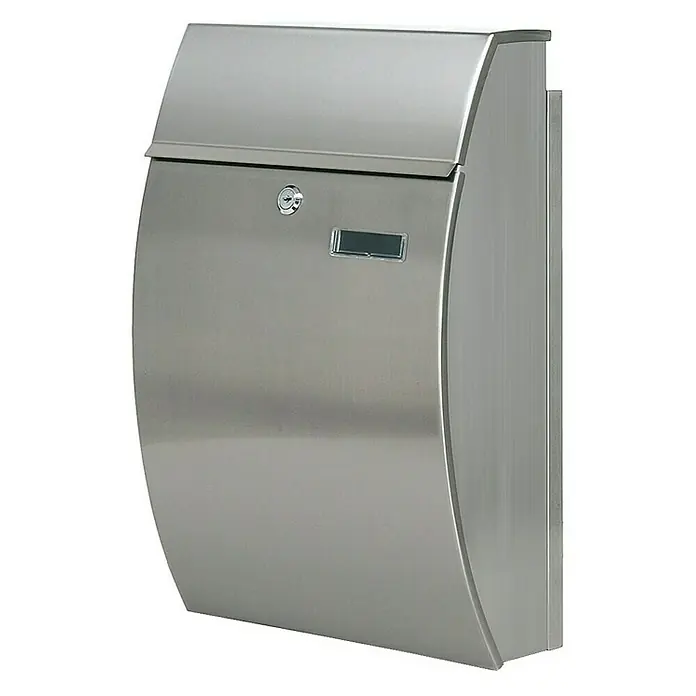 Proregal Wandbriefkasten Edelstahl - Silber, Metall - Ein moderner, gebogener Edelstahl-Briefkasten für den Außenbereich mit Schloss und Sichtfenster für die Post.
