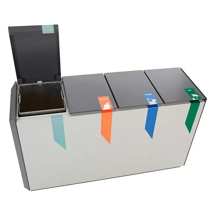 Proregal Mülltrennsystem Feuerfest RecycloStar 4 - 220 l, Aluminium, Anthrazit / Grau - Ein Mülltrennsystem mit vier Fächern, gekennzeichnet für Restmüll, Plastik, Papier und Bioabfall, zur einfachen Abfalltrennung im Haushalt.