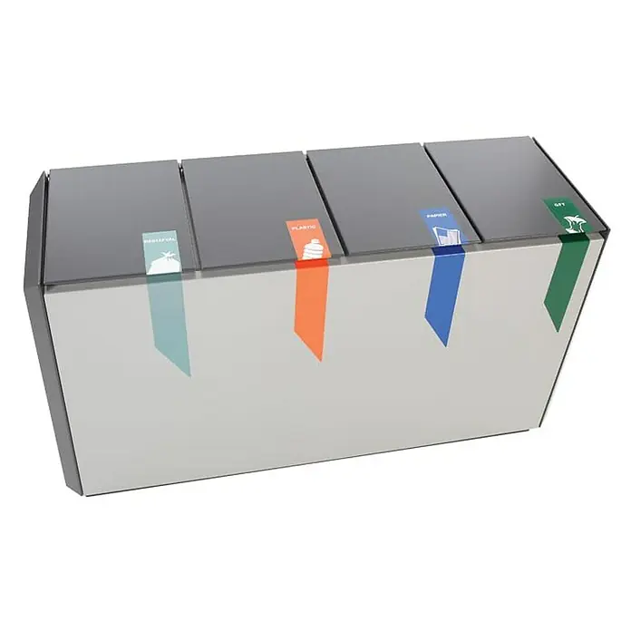 Proregal Mülltrennsystem Feuerfest RecycloStar 4 - 220 l, Aluminium, Anthrazit / Grau - Diese vierfach-Mülltonne ermöglicht Abfalltrennung mit Beschriftungen für Restmüll, Plastik, Papier und Bio. Perfekt für umweltbewusste Haushalte.