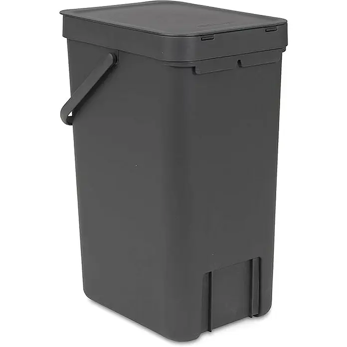 Proregal Standard Mülleimer Brabantia Abfallsammler mit Stay-open Deckel - 16 l, Kunststoff, Dunkelgrau - Eine graue, rechteckige Komposttonne mit Deckel und Tragegriff. Der Komposteimer ist ideal für Küchenabfälle und überzeugt durch seine robuste Bauweise.