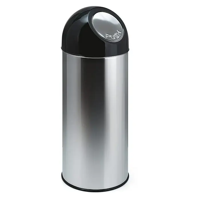 Proregal Schwingdeckeleimer Klassischer Abfallbehälter mit Pushdeckel - 55 l, Metall, Edelstahl - Metall-Abfalleimer mit schwarzem, abgerundetem Deckel und einer silbernen "PUSH"-Taste zum Öffnen. Stilvoll und praktisch für jedes Zuhause oder Büro.
