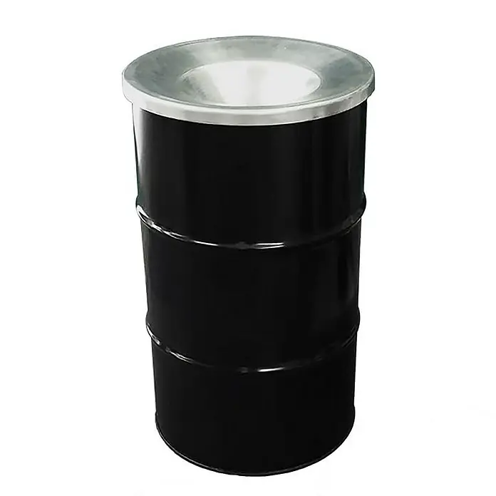 Proregal Standard Mülleimer Robuste Abfalltonne mit flammhemmendem Deckel - 120 l, Metall, Schwarz - Schwarzer Aschenbecher in Fassform mit silbernem Deckel. Ideal für den Außenbereich zur stilvollen Entsorgung von Zigaretten.