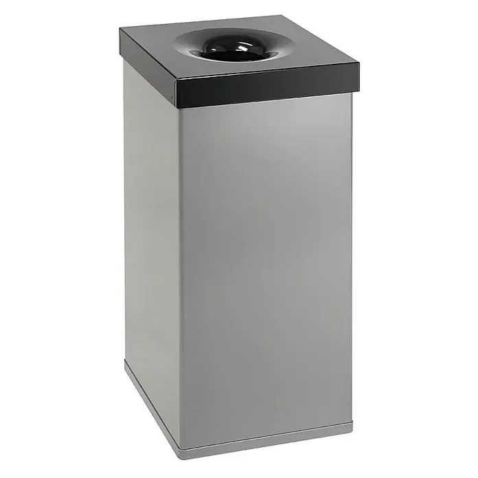 Proregal Standard Mülleimer Selbstlöschender eckiger Abfallsammler aus Aluminium - 110 l, Aluminium, Alu-Grau, Kopfteil Schwarz - Moderner silberner Abfallbehälter mit schwarzem Deckel und runder Öffnung für einfache Abfallentsorgung. Ideal für Büros oder öffentliche Räume.