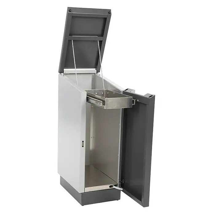 Proregal Standard-Mülleimer Feuersicherer Wertstoffsammler Connector Bin mit Hebedeckel - 55 l, Aluminium, Anthrazit / Grau - Offener, grauer Müllbehälter mit Deckel, der einen Blick auf das Innere und den herausziehbaren Behälter freigibt.