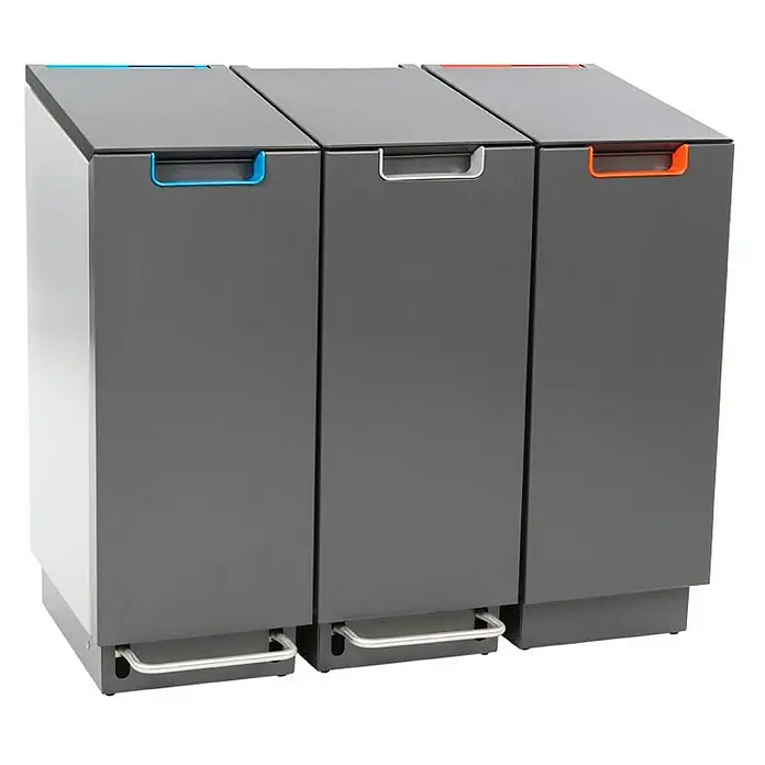 Proregal Standard-Mülleimer Feuersicherer Wertstoffsammler Connector Bin mit Hebedeckel - 55 l, Aluminium, Anthrazit / Grau - Drei graue Mülltrennsysteme mit farbigen Griffen und Fußpedalen für eine einfache und hygienische Abfallentsorgung.