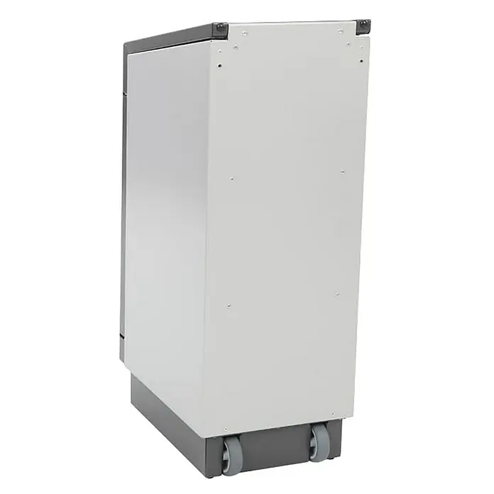 Proregal Standard-Mülleimer Feuersicherer Wertstoffsammler Connector Bin mit Hebedeckel - 55 l, Aluminium, Anthrazit / Grau - Das Bild zeigt einen grauen, rollbaren Unterschrank mit einer weißen Abdeckung. Der Schrank ist einfach gestaltet und hat eine glatte Oberfläche.