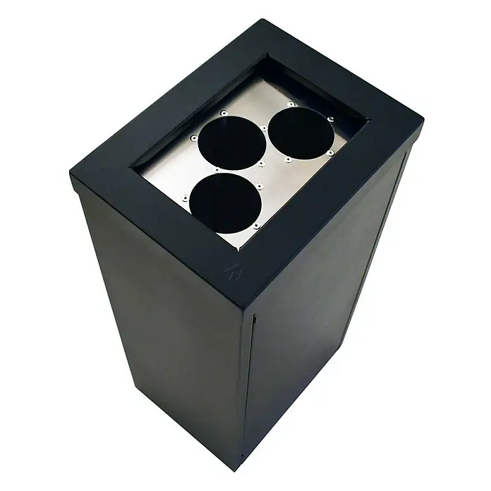 Proregal Standard-Mülleimer Wertstoffsammler RecycloFlex 60 - 60 l, Aluminium, Schwarz - Schwarzer Abfallbehälter mit drei runden Öffnungen auf einer silbernen Platte, ideal für die Mülltrennung in öffentlichen Bereichen.