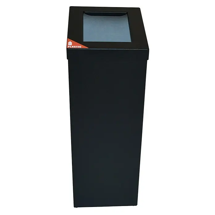 Proregal Standard-Mülleimer Wertstoffsammler RecycloFlex 60 - 60 l, Aluminium, Schwarz - Bild eines schwarzen, quaderförmigen Kunststoffmülleimers mit einer rechteckigen Öffnung an der Oberseite, gekennzeichnet für Plastikmüll.