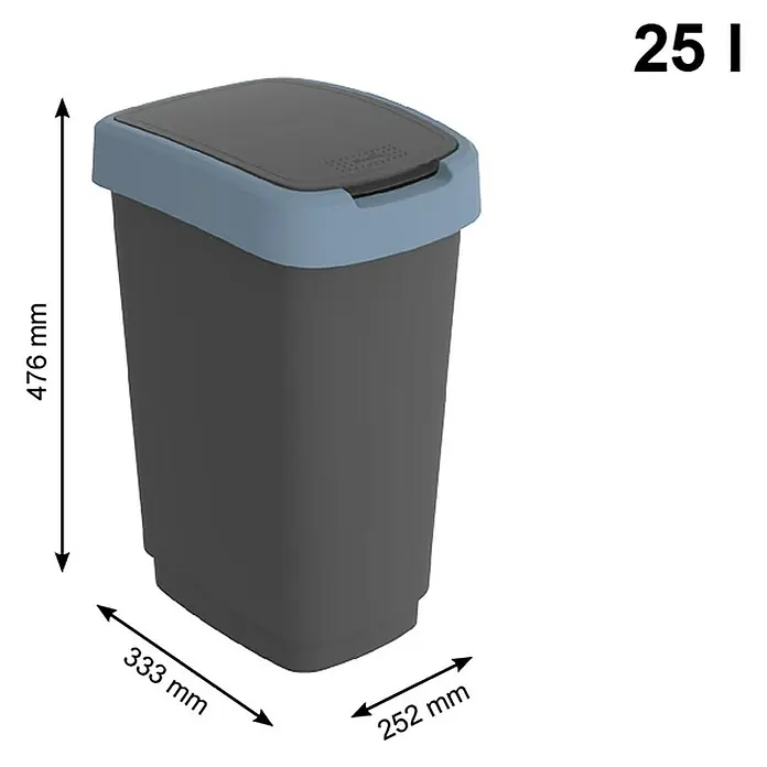 Proregal Standard-Mülleimer Klassischer Abfalleimer für Innenbereich - 25 l, Kunststoff, Schwarz-Blau - Bild einer grauen 25-Liter-Mülleimer mit blaugrauem Deckel, der die Abmessungen von 476 mm Höhe, 333 mm Breite und 252 mm Tiefe zeigt.