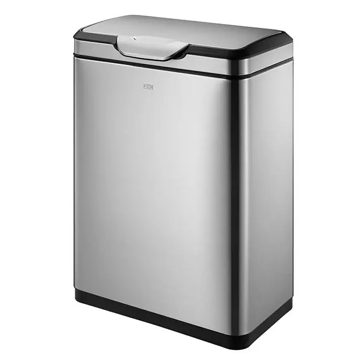 Proregal Standard Mülleimer Schöner Abfalleimer aus gebürstetem Edelstahl mit breiter Touch-Öffnung - 40 l, Edelstahl, Silber - Bild eines rechteckigen, silberfarbenen EXCEL-Mülleimers mit schwarzem Deckel und Boden. Der Mülleimer ist aus Edelstahl gefertigt.