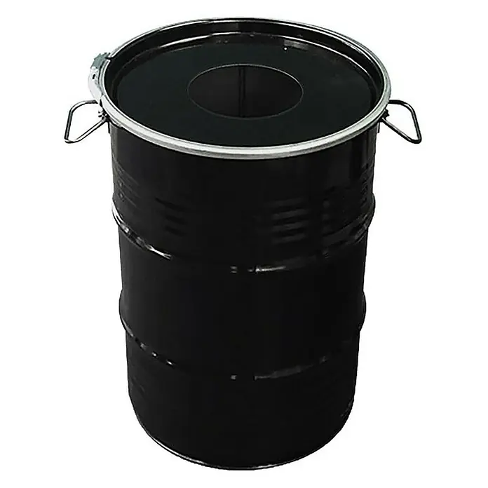 Proregal Standard-Mülleimer Robuste Abfalltonne mit Einwurf-Öffnung - 60 l, Metall, Schwarz - Abbildung eines schwarzen Fasses mit Deckel und Griffen. Perfekt für die sichere Lagerung und den Transport verschiedener Materialien.