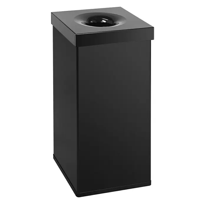 Proregal Standard Mülleimer Selbstlöschender eckiger Abfallsammler aus Aluminium - 110 l, Aluminium, Schwarz - Ein stilvoller, schwarzer Abfallbehälter mit einem einzigartigen trichterförmigen Deckel für einfache Entsorgung. Ideal für Büros oder öffentliche Bereiche.