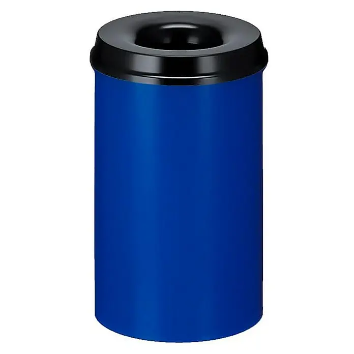 Proregal Papierkorb & Abfallsammler aus Metall selbstlöschend - 20 l, Metall, Blau, Kopfteil Schwarz - Blauer Abfallbehälter mit schwarzem Deckel. Der Abfalleimer ist zylindrisch und steht auf einem weißen Hintergrund.