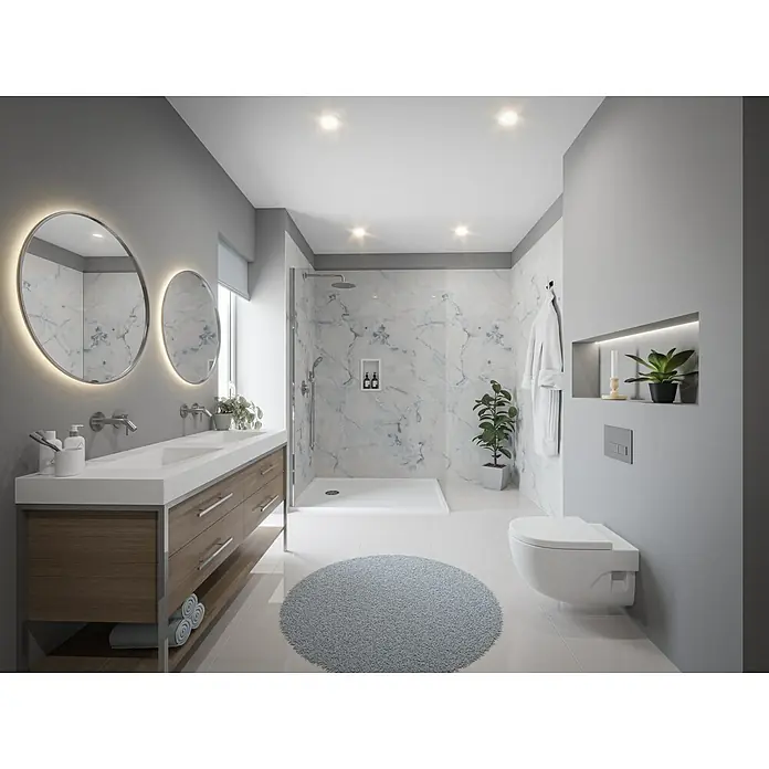 Wetwall Wandpaneel Elite - 16 x 242 cm, Onyx Oro, Abgerundete Kante - Ein elegantes Badezimmer mit einem Waschtisch aus Holz, runden Spiegeln mit Beleuchtung und einer begehbaren Dusche mit Marmorwänden.