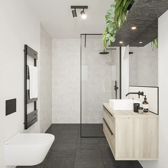 Wetwall Wandpaneel Elite - 16 x 242 cm, Light Stone, Abgerundete Kante - Ein modernes Badezimmer mit einer freistehenden Toilette, einem Waschtisch mit Holzfront und einer begehbaren Dusche, die ein elegantes und minimalistisches Design zeigt.