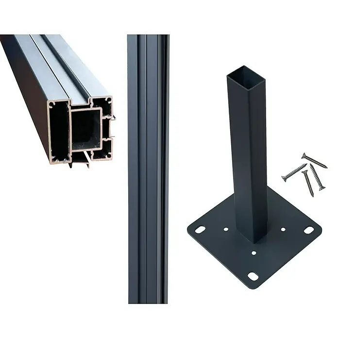 Joda Zaunpfosten Kingston inkl. Aufschraubfuß - Höhe: 195 cm, Anthrazit, Aluminium, Einzelpfosten - Detailaufnahme von Terrassenüberdachungsprofilen und einer Bodenbefestigung mit Schrauben in Anthrazit.