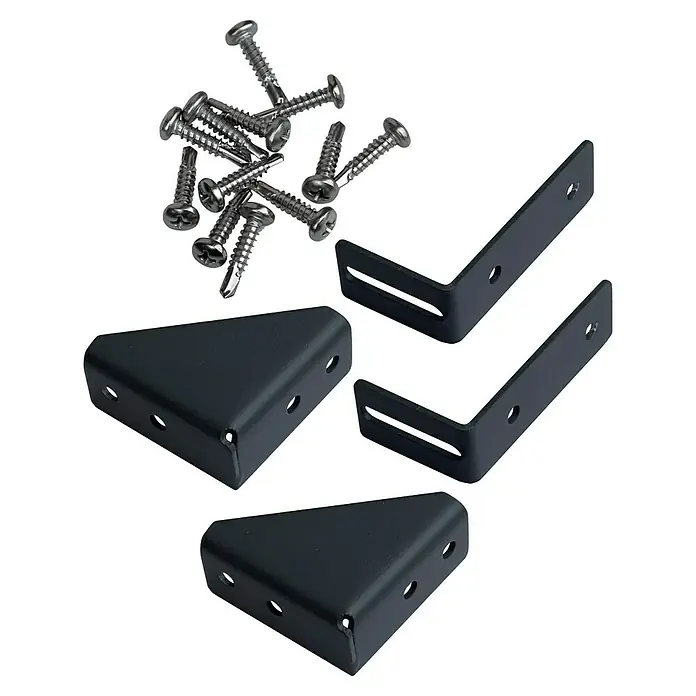 Joda Befestigungselement Kingston Set - 4 x 8 x 8 cm - Dieses Bild zeigt eine Auswahl von schwarzen Eckverbindern und glänzenden Schrauben auf dunklem Hintergrund. Ideal für Heimwerkerprojekte.