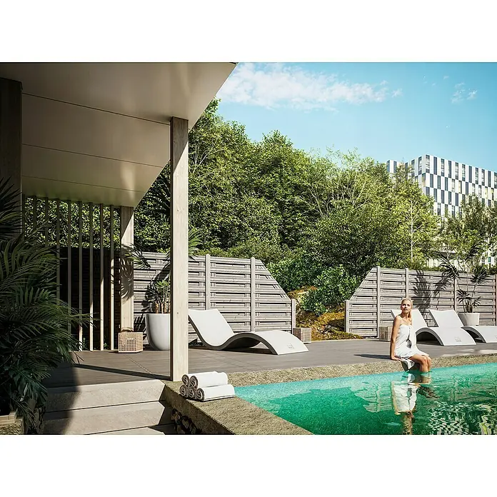 Joda Sichtschutzelement Kirn - B x H: 180 x 180 cm, Holz, Grau, Element 2 (B x H: 180 x 180 cm) - Entspannung pur: Stilvolle Gartenliegen am Pool laden zum Verweilen und Sonnenbaden ein. Genießen Sie den Sommer auf höchstem Niveau.
