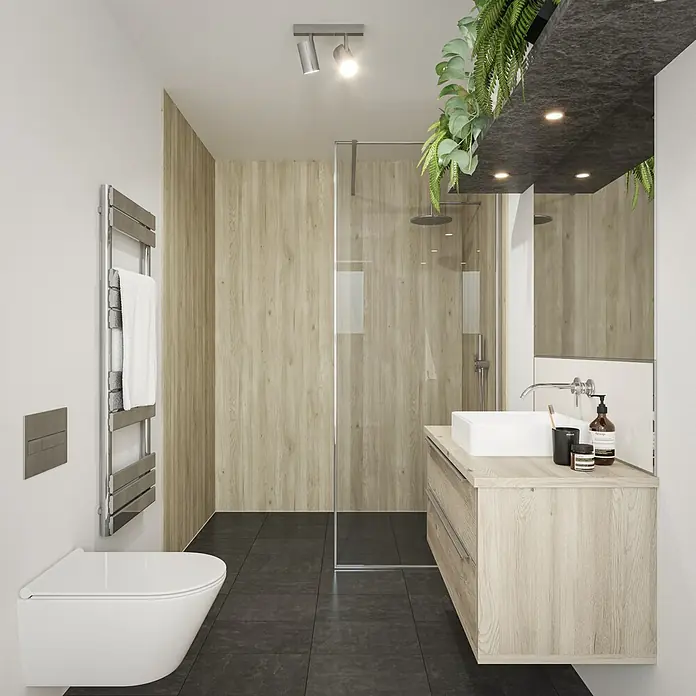 Wetwall Wandpaneel Elite - 16 x 242 cm, Native Oak, Abgerundete Kante - Stilvolles Badezimmer mit hellen Holzpaneelen, dunklem Boden und einem modernen Waschtisch mit eckigem Waschbecken und Armaturen.