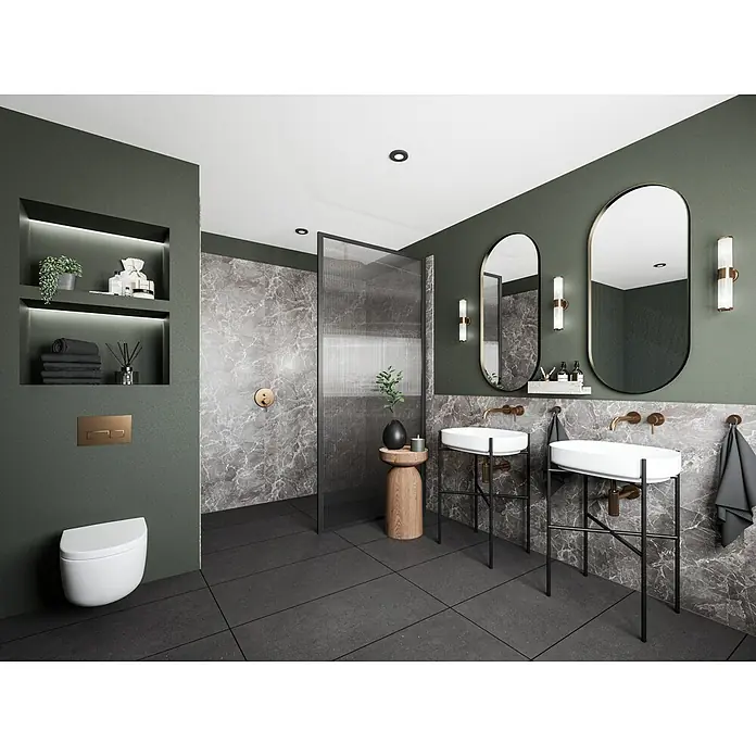 Wetwall Wandpaneel Elite - 16 x 242 cm, Welsh Slate, Abgerundete Kante - Modernes Badezimmerdesign mit Waschbecken auf Ständern, Marmorfliesen und stilvoller Beleuchtung für ein luxuriöses Ambiente.