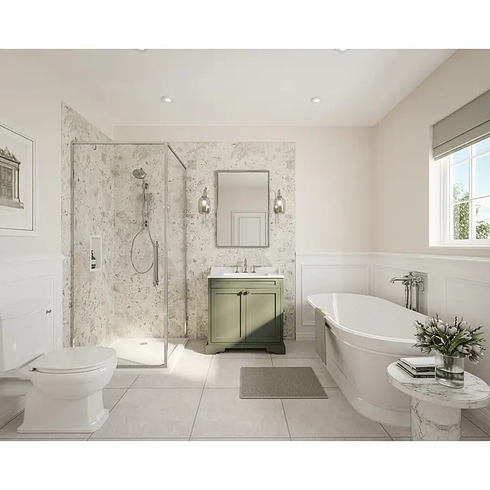 Wetwall Wandpaneel Elite - 16 x 242 cm, Terrazzo Rock, Abgerundete Kante - Badezimmer mit freistehender Badewanne, grüner Waschtischkonsole, Marmordusche und passender Dekoration für ein elegantes Ambiente.