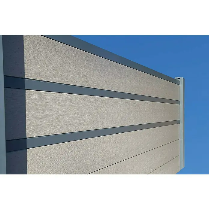 Joda Zierleiste Kingston - B x H: 4 x 178 cm, Material: Aluminium - Moderne Zaunansicht mit grauem Rahmen und Latten.