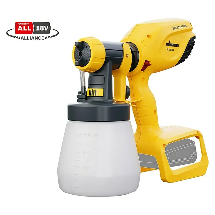 Wagner Akku-Farbsprühsystem Wood&Metal Sprayer W 250 18V - 18 V, Ohne Akku - Bild einer gelben Farbspritzpistole mit grauem Sprühaufsatz und transparentem Behälter, ideal für DIY-Projekte.