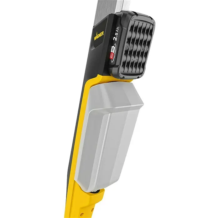 Wagner Akku-Terrassenreiniger Levaro PowerBrush 18V - 18 V, Ohne Akku, 700 l - Abbildung einer Wagner Farbspritzpistole mit einem 2,5 Ah Akku und einem grauen Farbbehälter, ideal für präzise Farbaufträge und Renovierungsarbeiten.