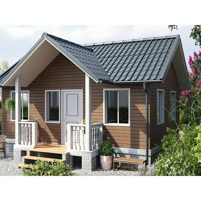 Metdach Wandabschlussprofil SG - Nussbaum, Länge: 254 cm, Stahl - Hübsches, kleines, braunes Haus mit grauen Dachziegeln und einer kleinen Veranda, umgeben von üppigem Grün.