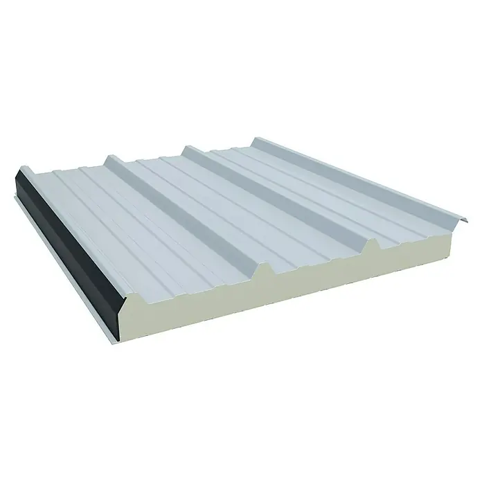 Sandwichplatte Wand- & Dachpaneele - Silbergrau, L x B: 400 x 100 cm, Stahl - Nahaufnahme eines isolierten Metallpaneels, das für Dächer und Wände verwendet wird und eine hervorragende Wärmedämmung bietet.
