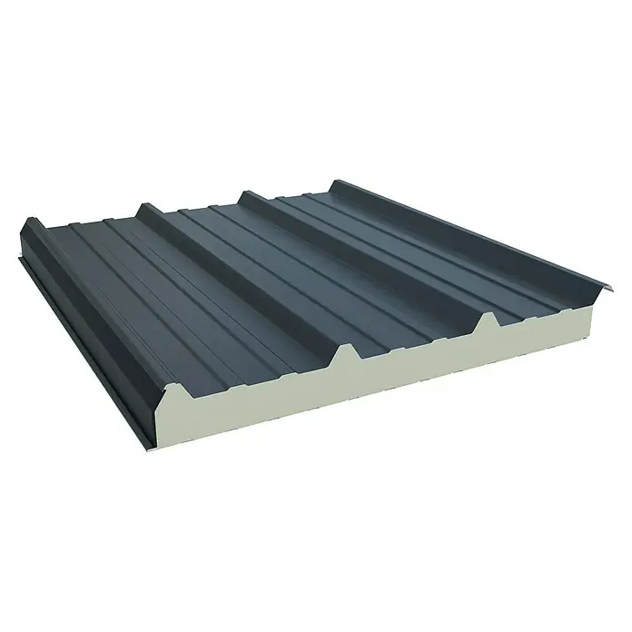 Sandwichplatte Wand- & Dachpaneele - Anthrazit, L x B: 400 x 100 cm, Stahl - Ansicht eines Dachelements mit einer grauen Metalloberfläche und einer weißen Isolierschicht, die für eine gute Wärmedämmung sorgt.