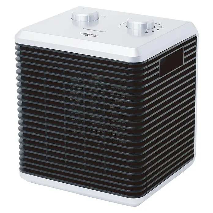 Voltomat HEATING Heizlüfter Cube - 750 kW - 1.500 W, Schwarz/Silber, 18 x 16,5 x 21 cm - Nahaufnahme einer Heizung mit Drehreglern. Das kompakte Gerät verfügt über ein Gitterdesign und Bedienelemente auf der Oberseite.