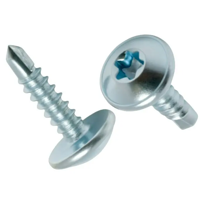 Metdach Flachkopfschraube SG Metall - Ø x L: 4,2 x 19 mm, Metall, 250 Stk. - Nahaufnahme von zwei Bohrschrauben mit Torx-Antrieb und Linsenkopf, ideal für sichere und effiziente Befestigungen.