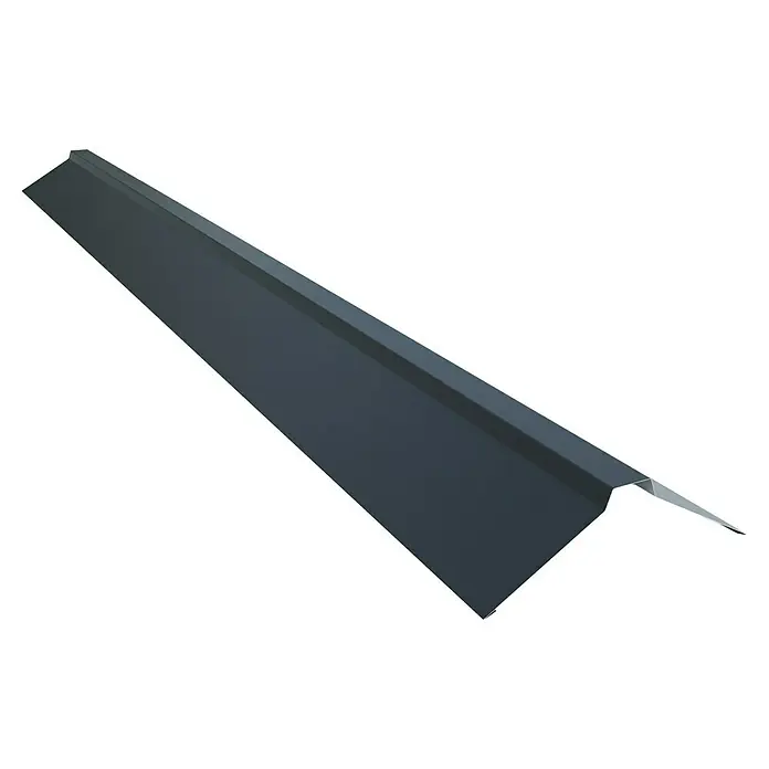 Dachfirst Gerade für SW Dachpaneele - Anthrazit, Länge: 200 cm, Stahl - Detailaufnahme eines anthrazitfarbenen Ortgangs, einem Bauelement für Dächer, das Ästhetik und Schutz vor Witterungseinflüssen bietet.
