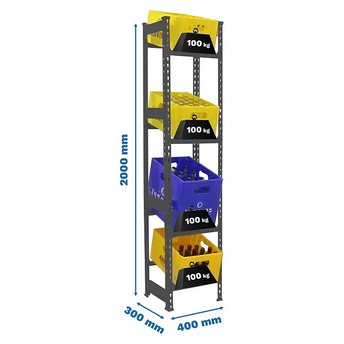 Simonrack Simonbottle Getränkekistenregal Bottleclick - H x B x T: 200 x 40 x 30 cm, Traglast Einlegeboden: 100 kg, Anzahl Böden: 4 Stk., Stecken, Anthrazit - Ein Regal mit vier Ebenen, die mit gelben und blauen Kisten gefüllt sind. Die Abmessungen des Regals sind angegeben.