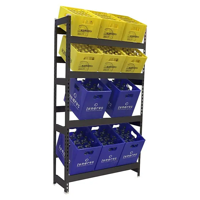 Simonrack Simonbottle Getränkekistenregal Bottleclick - H x B x T: 200 x 100 x 30 cm, Traglast Einlegeboden: 100 kg, Anzahl Böden: 4 Stk., Stecken, Anthrazit - Regal mit gelben Schweppes- und blauen Junaros-Getränkekisten. Das Getränkeregal ist voll mit gelben und blauen Getränkekisten auf vier Ebenen.