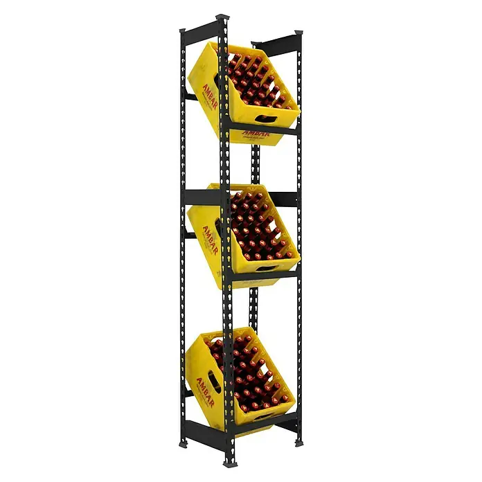 Simonrack Simonbottle Getränkekistenregal Bottleclick - H x B x T: 180 x 40 x 30 cm, Traglast Einlegeboden: 100 kg, Anzahl Böden: 3 Stk., Stecken, Anthrazit - Regal mit gelben Kisten voller Bierflaschen der Marke Ambar, gut sichtbar und ordentlich gestapelt.\n