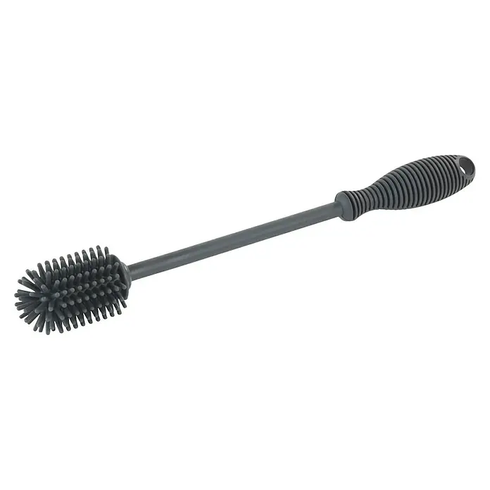 Wenko Spülbürste - Länge: 25 cm, Silikon - Diese Abbildung zeigt eine graue Reinigungsbürste mit einem langen Griff und weichen Borsten, die für die Reinigung von Flaschen geeignet ist.