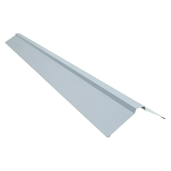 Dachfirst Gerade für SW Dachpaneele - Silbergrau, Länge: 200 cm, Stahl - Nahaufnahme eines hellgrauen, speziell geformten Metallprofils, das für Bauanwendungen verwendet wird. Es ist ein vielseitiges und langlebiges Baumaterial.