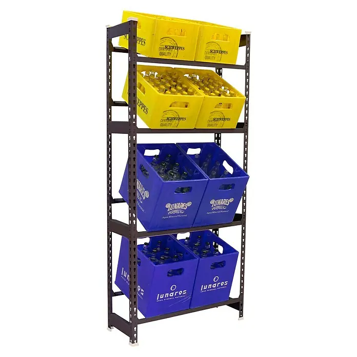 Simonrack Simonbottle Getränkekistenregal Bottleclick - H x B x T: 200 x 80 x 30 cm, Traglast Einlegeboden: 100 kg, Anzahl Böden: 4 Stk., Stecken, Anthrazit - Ein Regal mit gelben Schweppes-Kästen und blauen Lunares-Wasserflaschen, gut sortiert und präsentiert.