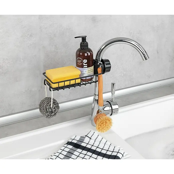Wenko Spülbecken-Organizer - L x B x H: 21 x 10,5 x 7 cm - Ein Spülbecken-Organizer mit Spülmittel, Schwamm, Bürste und Topfreiniger, befestigt an einem Wasserhahn. Praktisch für die Küchenspüle.
