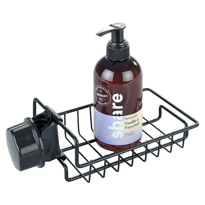 Wenko Spülbecken-Organizer - L x B x H: 21 x 10,5 x 7 cm - Seifenspender „Share“ Vanille & Patschuli auf einem schwarzen Metallregal mit Halterung zur einfachen Anbringung. Veganes Produkt für die tägliche Handhygiene.