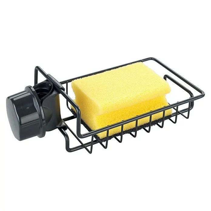 Wenko Spülbecken-Organizer - L x B x H: 21 x 10,5 x 7 cm - Schwammhalter mit Saugnapf zur Spüle, enthält gelben Schwamm. Der Spülbeckensorganizer ist aus Metall. Perfekt für Küchenspülen!