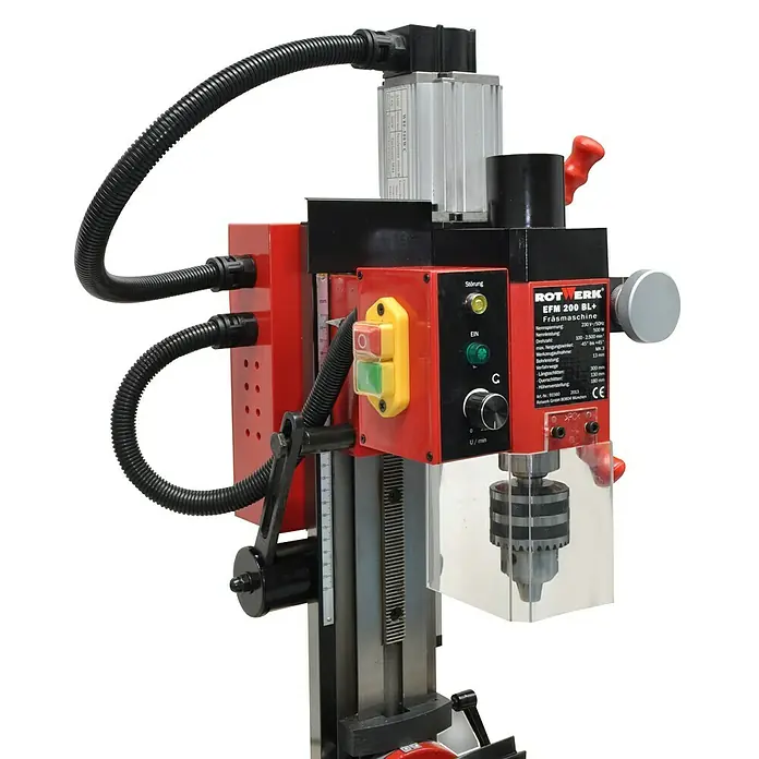 Rotwerk Bohr- & Fräsmaschine EFM 200 BL plus - Leistung: 500 W, Drehzahl: 100 U/min - 2.500 U/min - Abbildung einer Rotwerk EFM 200 BL+ Fräsmaschine, einer robusten und präzisen Maschine für Metallbearbeitung.