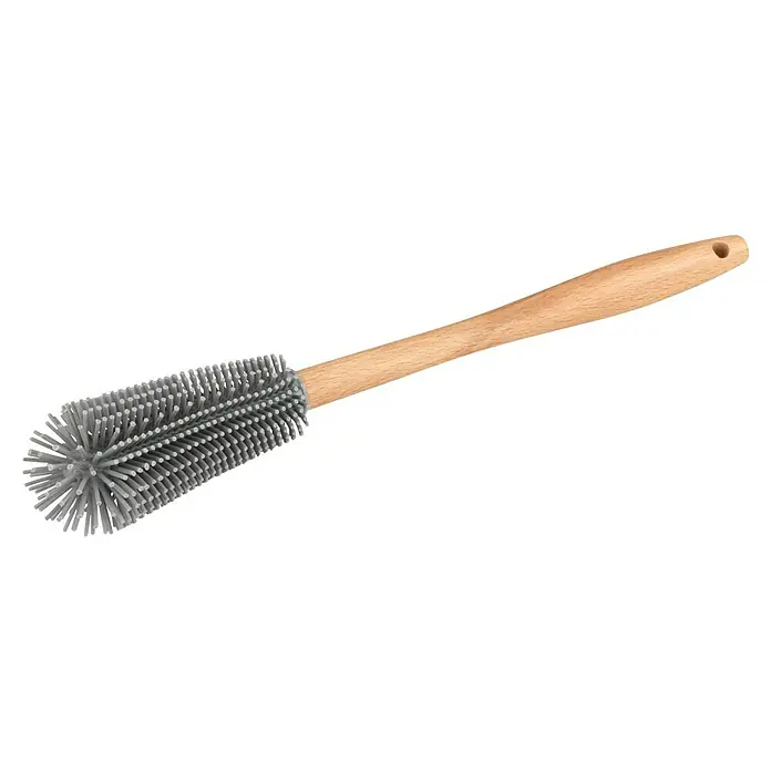Wenko Spülbürste - Länge: 30 cm, Silikon - Eine Flaschenbürste mit einem Holzgriff und einem grauen Bürstenkopf aus Silikonborsten, ideal zum Reinigen von Flaschen und Gläsern.
