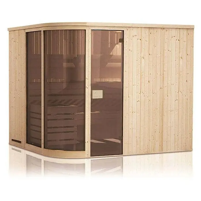 FinnTherm Massivholzsauna Verve -  - Einblick in eine Sauna mit Holzwänden und Glastüren, die zum Entspannen einlädt und eine gemütliche Atmosphäre bietet.