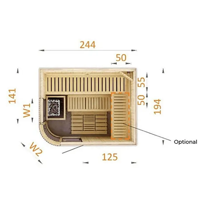 FinnTherm Massivholzsauna Verve -  - Draufsicht einer Sauna mit Beschriftungen der Maße und einer optionalen Bank, die die Größe und Konfiguration der Sauna hervorhebt.