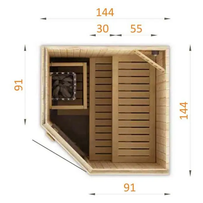 FinnTherm Massivholzsauna Corner - L x B x H: 144 x 144 x 199 cm - Draufsicht einer Sauna mit detaillierten Maßangaben. Die Sauna ist aus hellem Holz gefertigt und zeigt die Anordnung der Bänke und des Ofens.